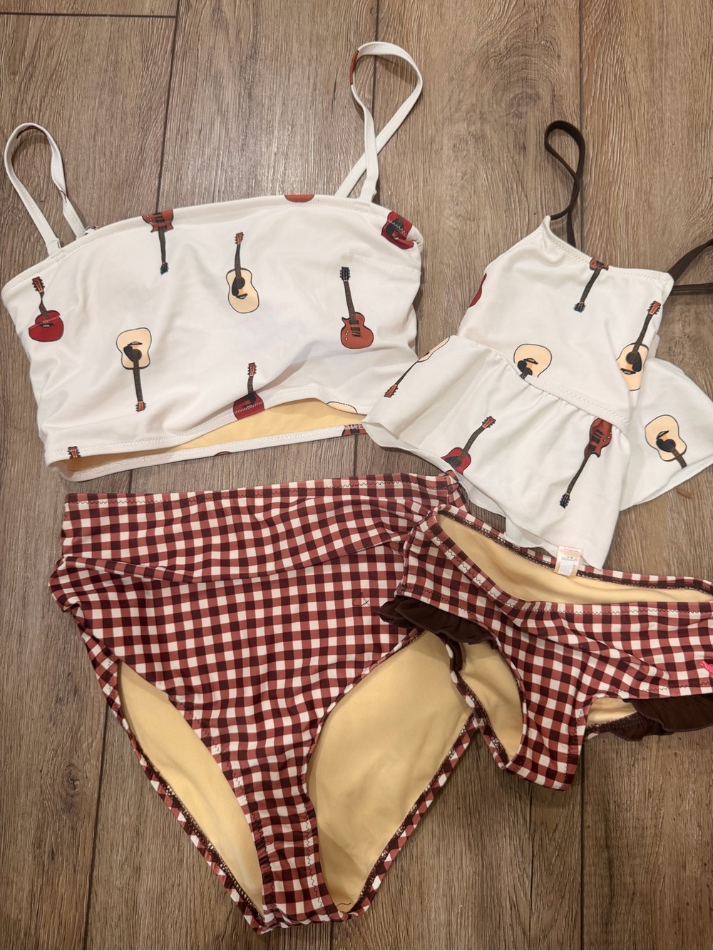 Pink Chicken Guitar print Cream and Brown Gingham Bikini Set 0378